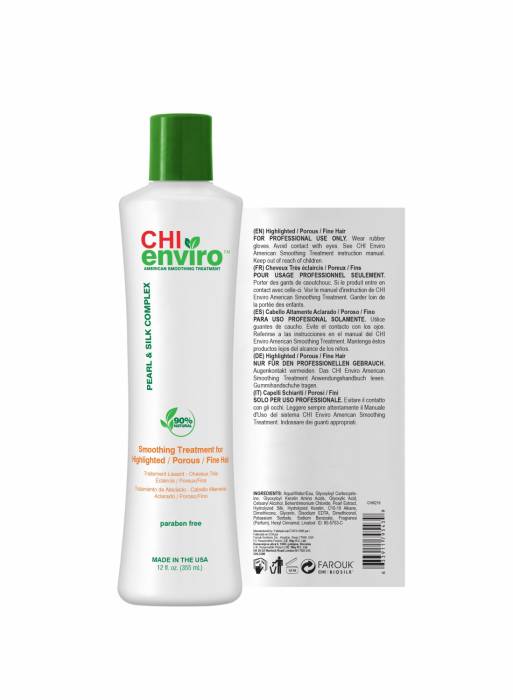 محصول chi enviro smoothing treatment برای مو رنگ شده، مو با بافت متخلخل و مو نازک به کار می رود. حجم این محصول ۱۲ اونس (۳۵۵ میلی لیتر) است.