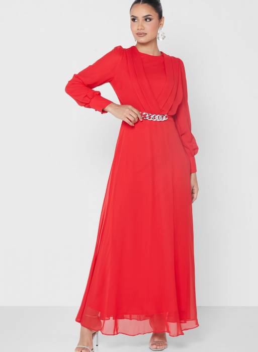لباس شب مجلسی با کمربند قرمز برند khizana