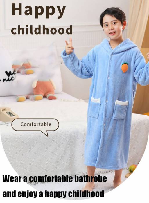 روب نمدی نرم با کلاه بچگانه برای حمام، لباس خواب کودکانه مد روز آبی